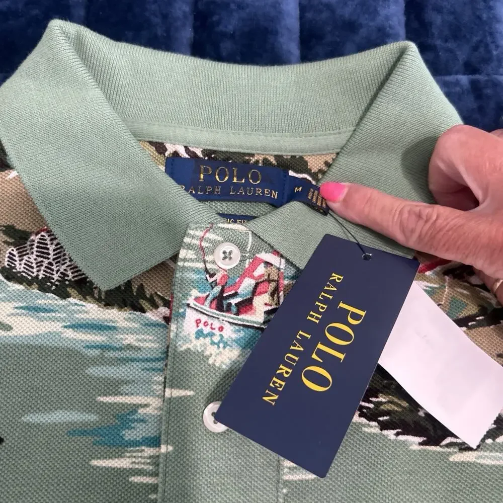 NWT Polo Ralph Lauren Mens Green Lighthouse Ship AOP Print Polo Shirt Sz Medium